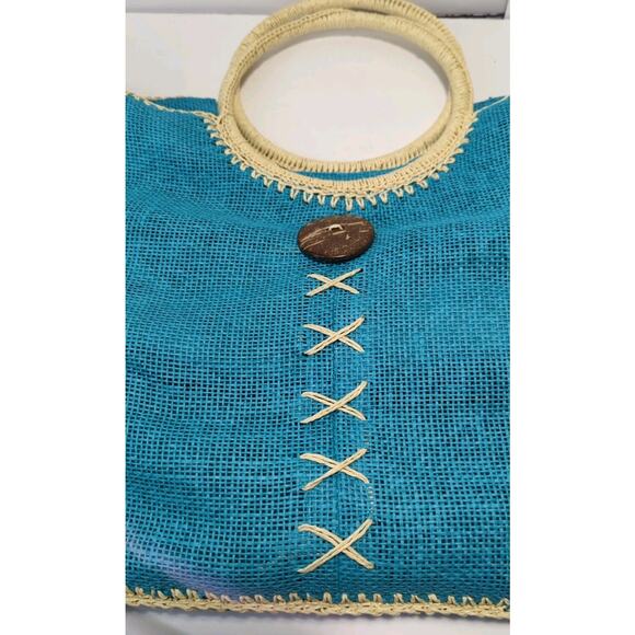 Cappelli Straworld Tote Bag, Gorgeous Blue (Torquise) with Button Accent,Beach - Picture 2 of 7